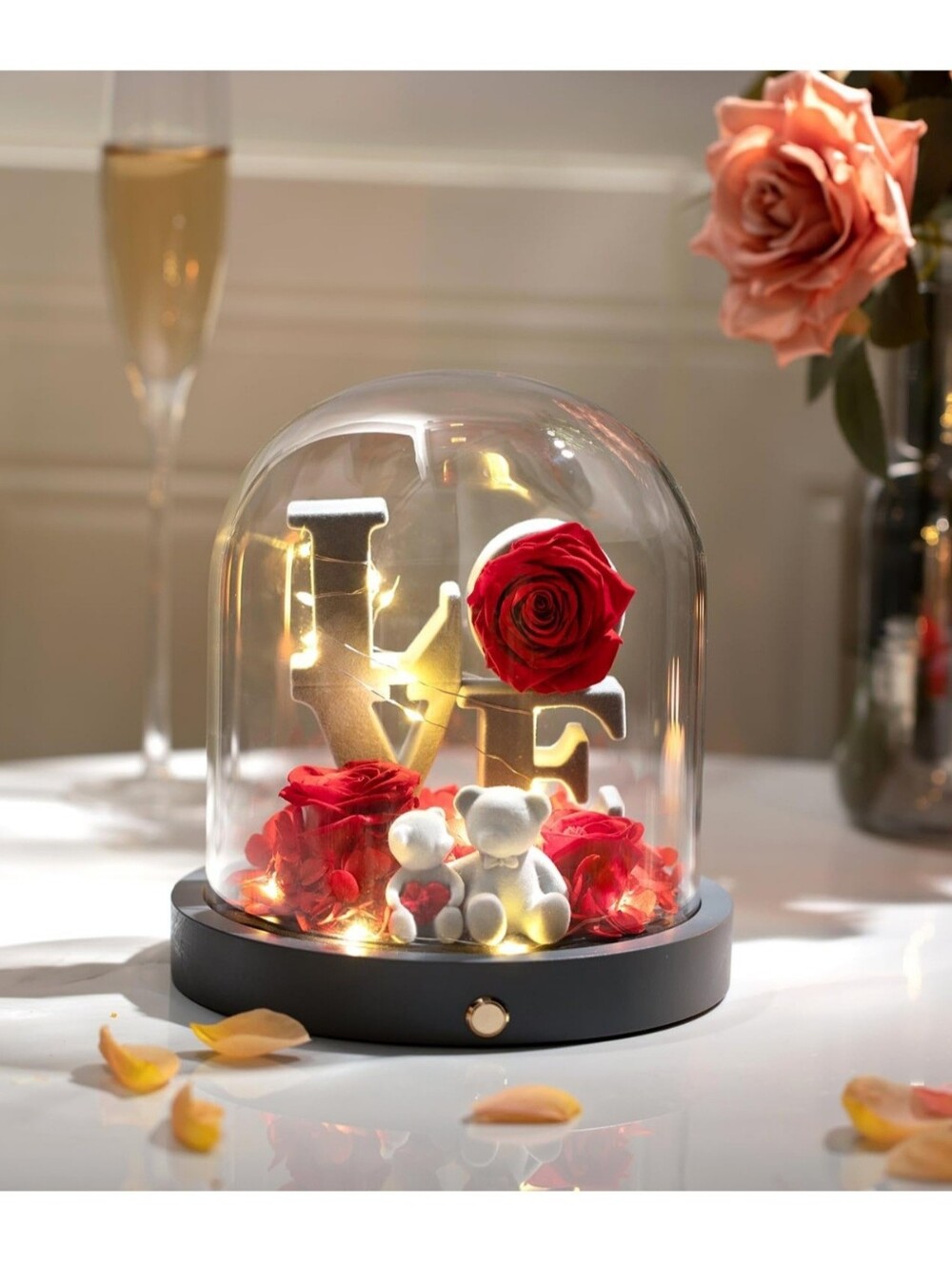 Romantic 'LOVE' Glass Dome with Red Roses and Mini Bears
